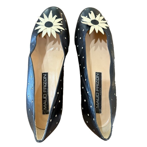 Black Leather Daisy Flats Women’s 9 Designer Maud Frizon Paris Flower Appliqué - Picture 4 of 11